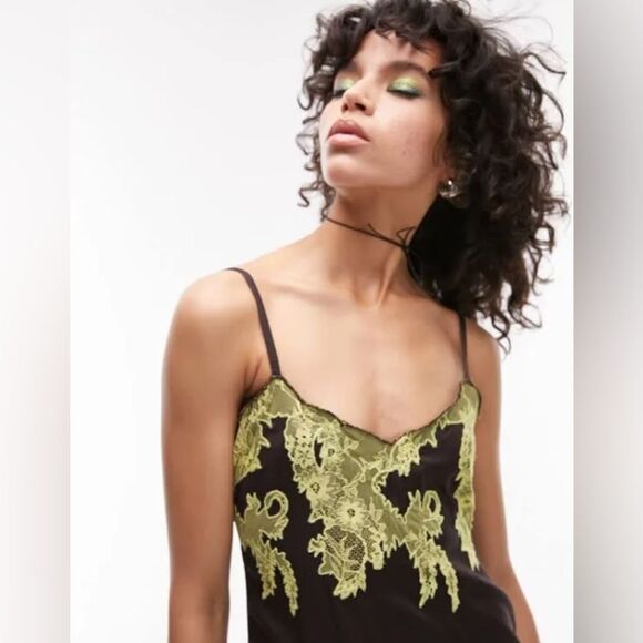 Topshop Satin and Lace Cami Mini Dress in Chocolate and lime-Brown - Picture 4 of 12